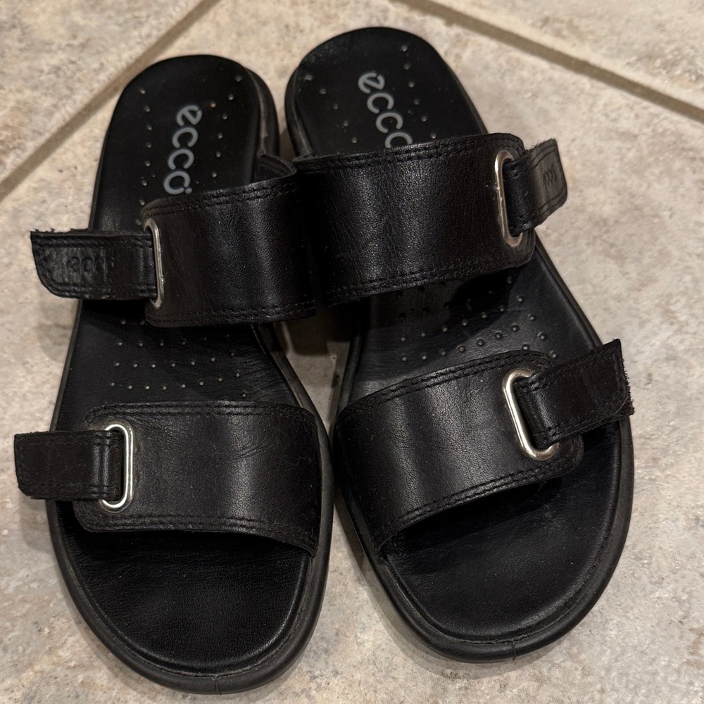 ECCO Black Leather Slide Sandals with Buckles